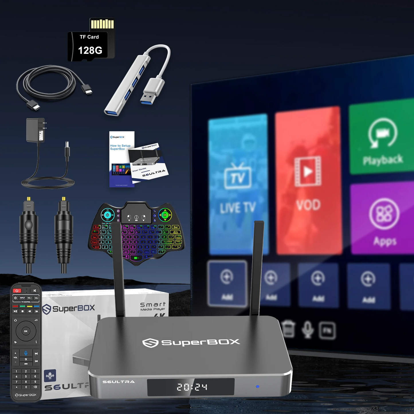 Super Box S6 Ultra Full Loaded TV Box 4G RAM & 128G Storage with USB Hub, Keyboard, 128G TF Card, Voice Remote, Audio Cable, HDMI Cord, Power Supply and Manuals