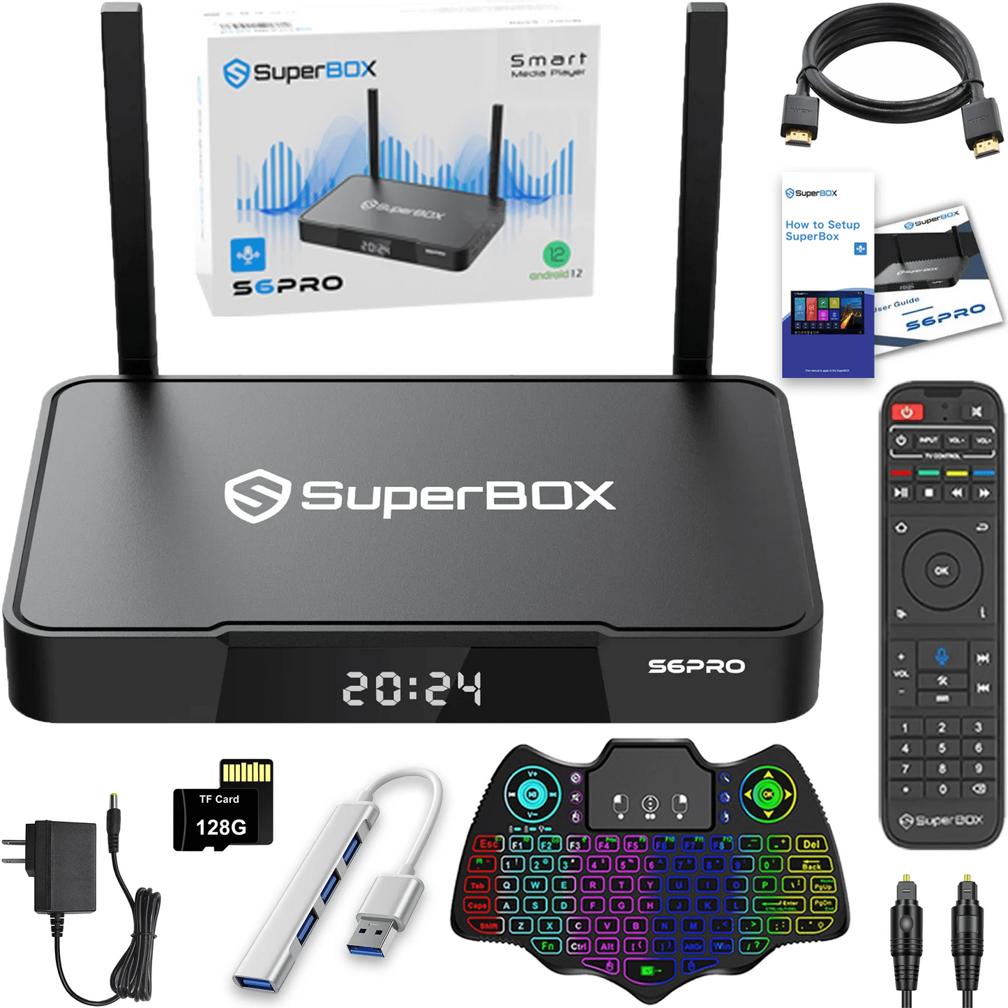 2025 Super Box S6 Pro Full Loaded Bundle with 128G TF Card, Keyboard, USB Hub, Voice Remote, Audio Cable, HDMI Cord, Power Supply and Manuals