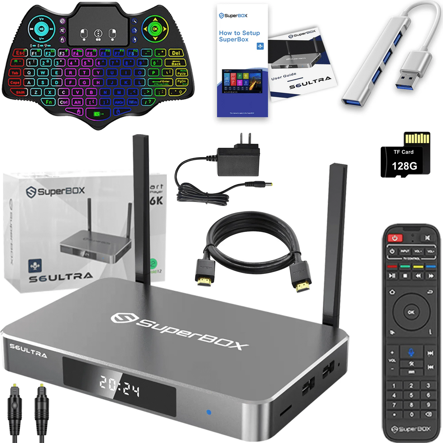 Super Box S6 Ultra Full Loaded TV Box 4G RAM & 128G Storage with USB Hub, Keyboard, 128G TF Card, Voice Remote, Audio Cable, HDMI Cord, Power Supply and Manuals