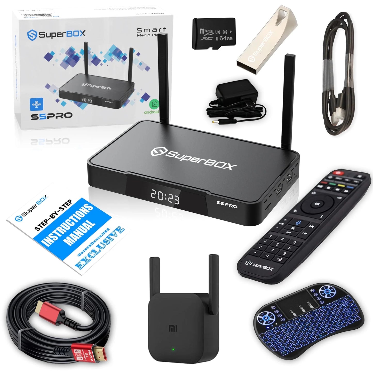 SuperBox S5 Pro Premium Edition Bundle Deal | 2025 Model | Bonus 8K HDMI Cable Backlit Mini Wireless Keyboard, USB, TF Card, and WiFi Range Extender