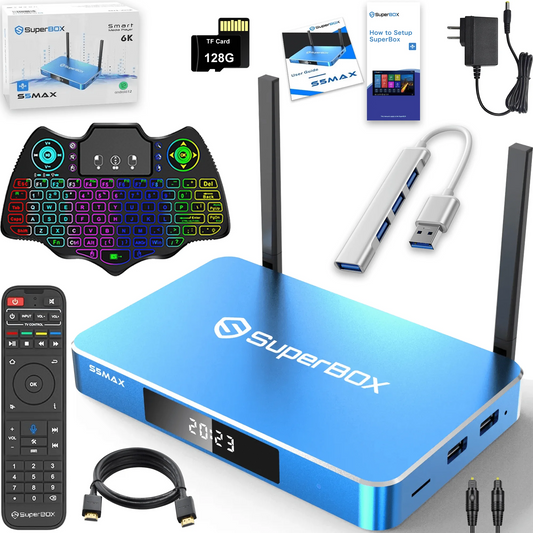 Superbox S5 Max 2025 Fully Loaded 4G RAM & 64G ROM, with Voice Remote and Accessories,  6K HDMI, 2T2R Dual Band Wifi
