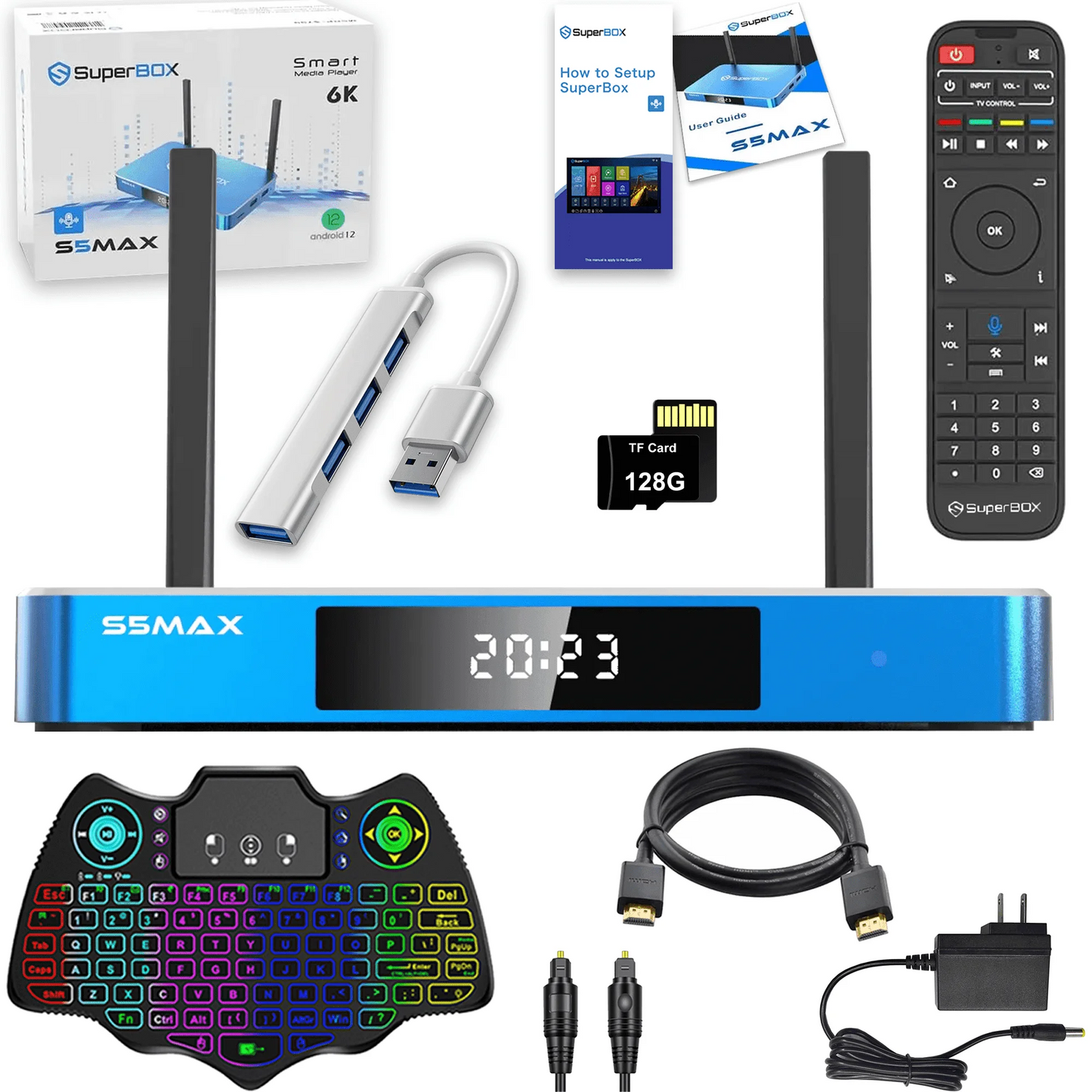 Superbox S5 Max 4G RAM 64G ROM Android Box with Keyboard, USB Hub, 128G TF Card, Voice Remote, Audio Cable, HDMI Cord, Power Supply and Manuals