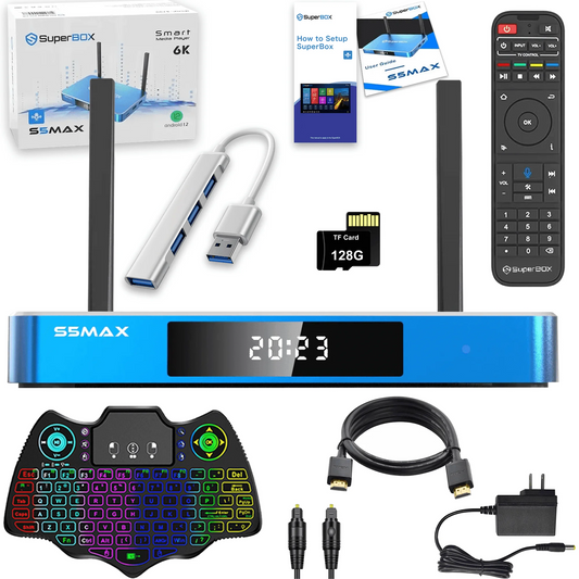Superbox S5 Max 4G RAM 64G ROM Android Box with Keyboard, USB Hub, 128G TF Card, Voice Remote, Audio Cable, HDMI Cord, Power Supply and Manuals