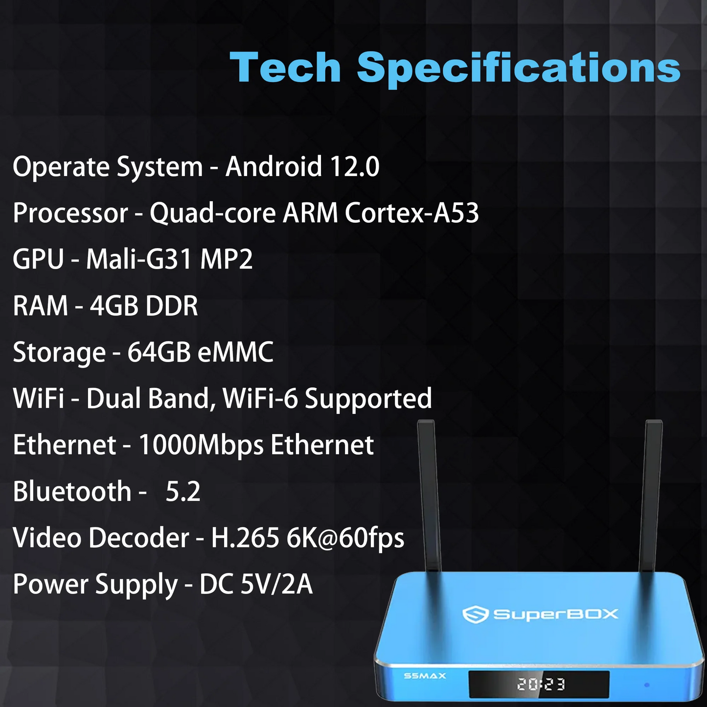 Superbox S5 Max 4G RAM 64G ROM Android Box with Keyboard, USB Hub, 128G TF Card, Voice Remote, Audio Cable, HDMI Cord, Power Supply and Manuals