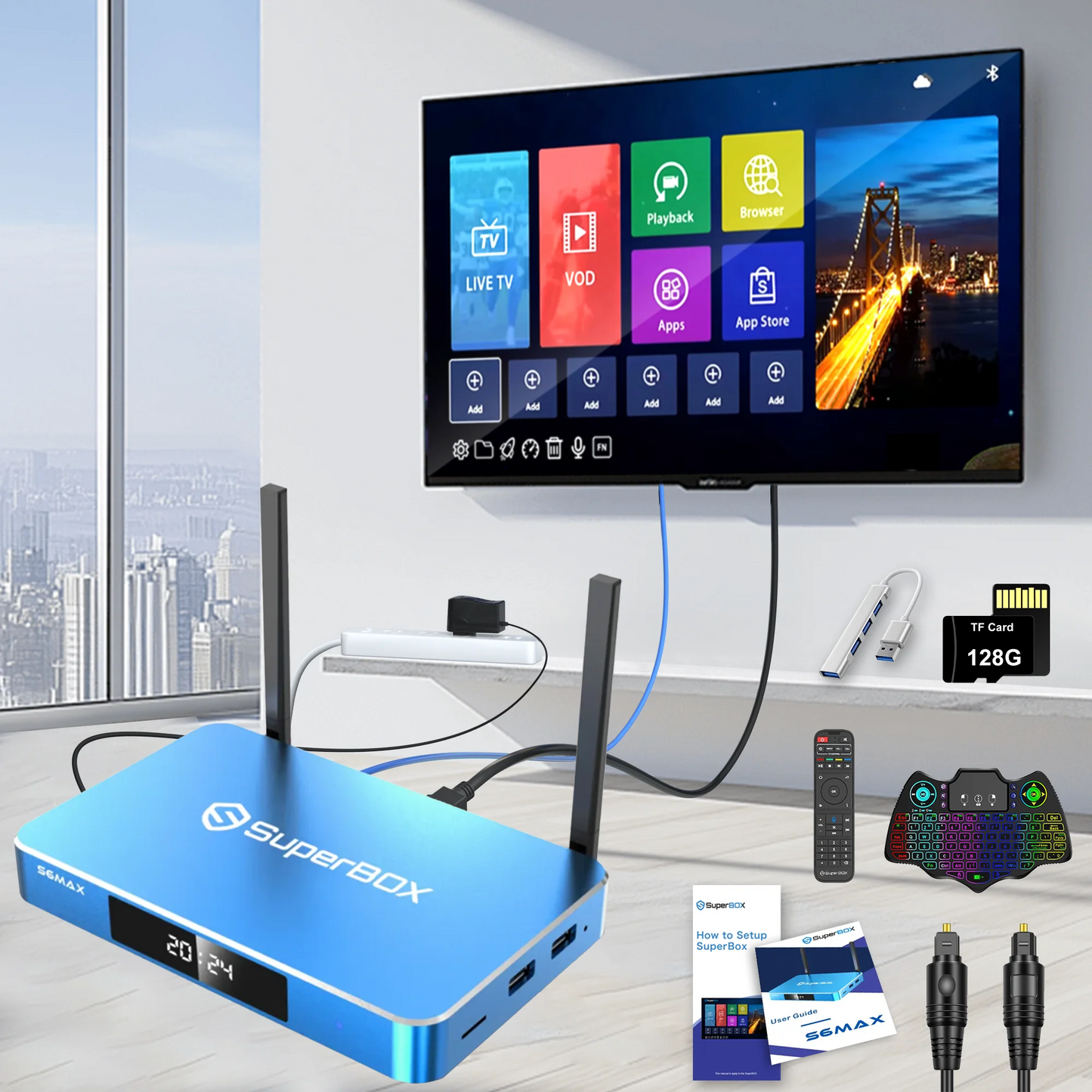 Super Box S6 Max 4G+64G Storage 2025 Full Loaded with 128G TF Card, Keyboard, USB Hub, Voice Remote, Audio Cable, HDMI Cord, Power Supply and Manuals