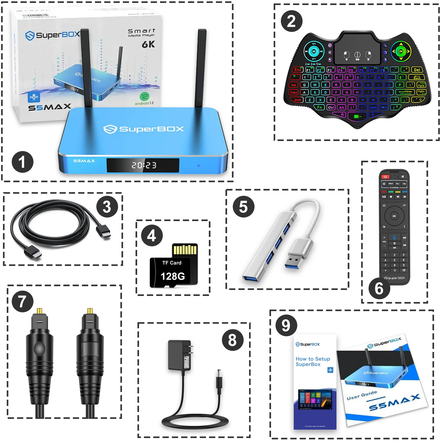 Superbox S5 Max 4G RAM 64G ROM Android Box with Keyboard, USB Hub, 128G TF Card, Voice Remote, Audio Cable, HDMI Cord, Power Supply and Manuals