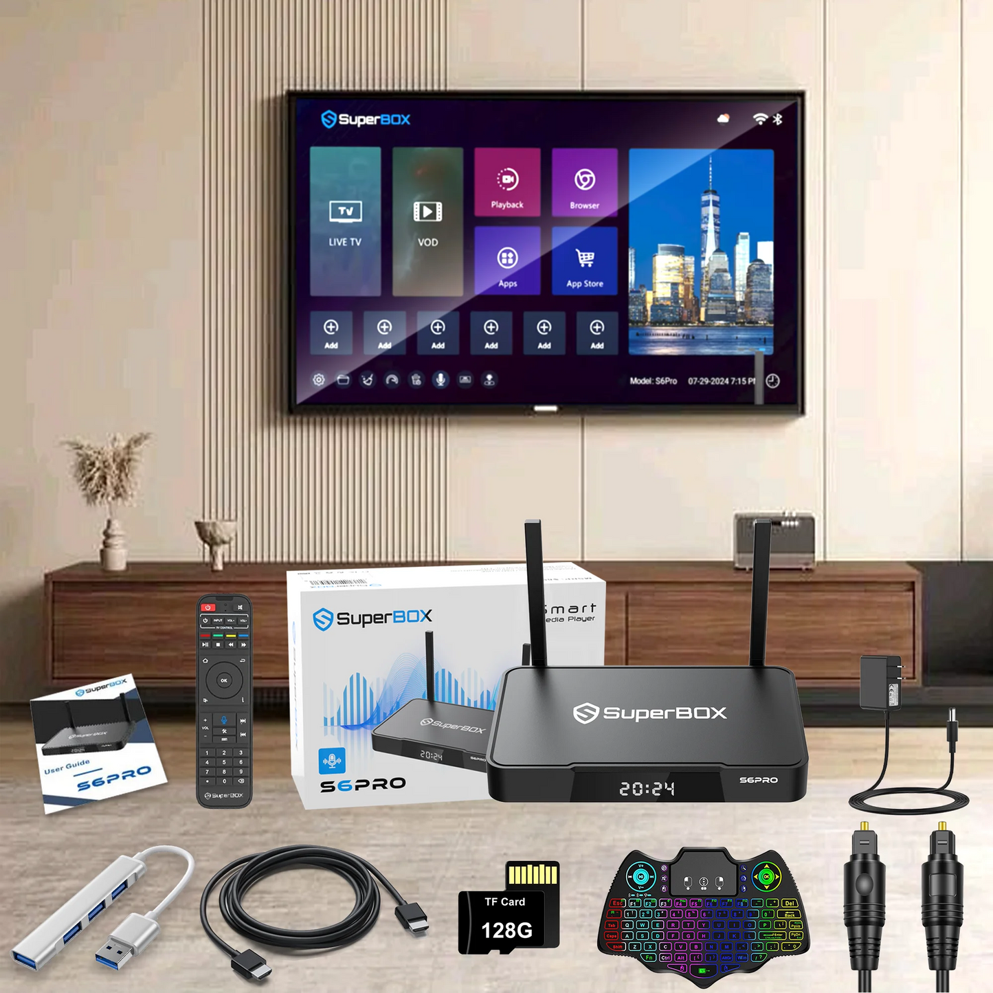 2025 Super Box S6 Pro Full Loaded Bundle with 128G TF Card, Keyboard, USB Hub, Voice Remote, Audio Cable, HDMI Cord, Power Supply and Manuals